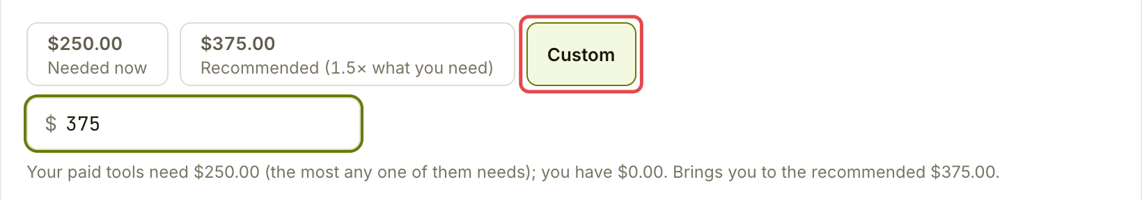 Amount to stake 选择器，已选择 Custom 并输入 375