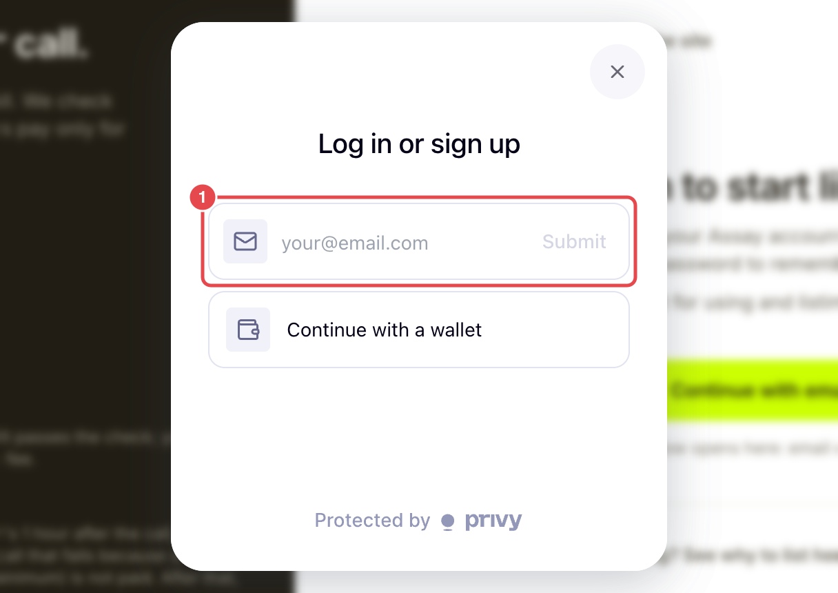 登录窗口，已标出邮箱字段，下方是 Continue with a wallet
