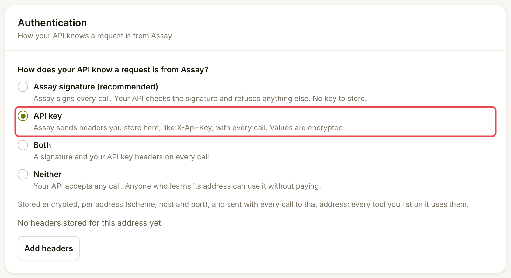 身份验证选项，已选择 API key