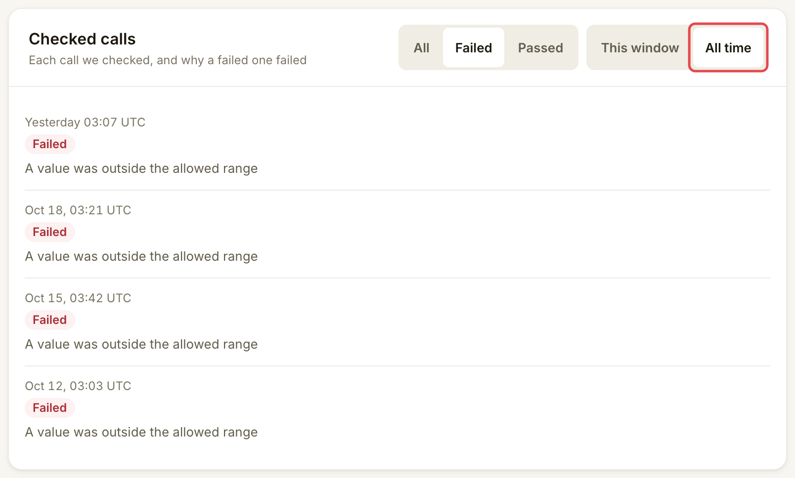 Checked calls 已筛选为 Failed，已选择 All time