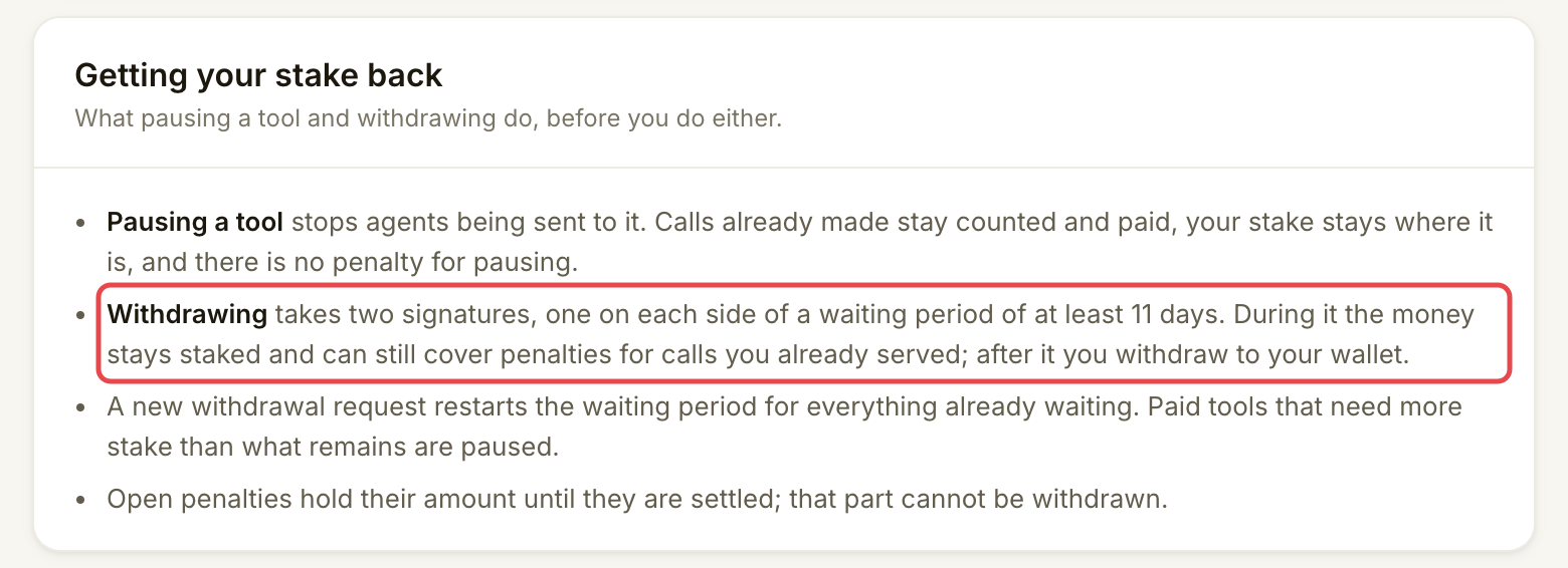 Getting your stake back 卡片，说明等待期、计时重置和罚没暂扣