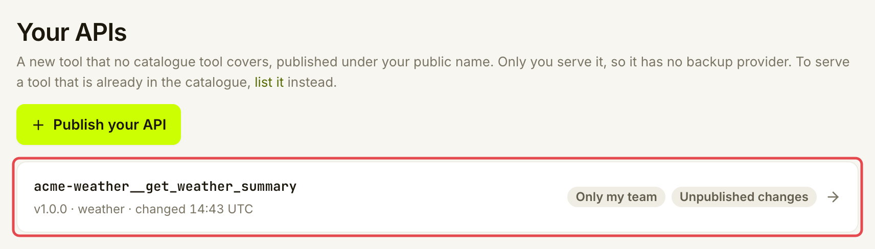 Your APIs 列表，已标出现有天气摘要工具