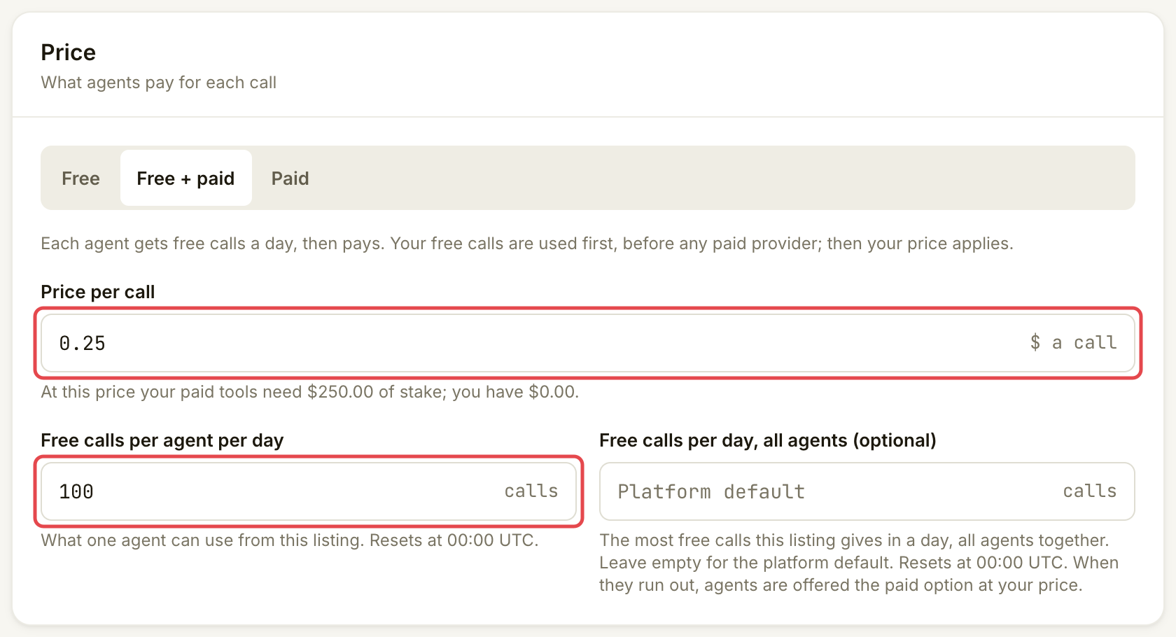 Settings 的 Price 卡片，已选择 Free + paid，并显示每日免费额度控件