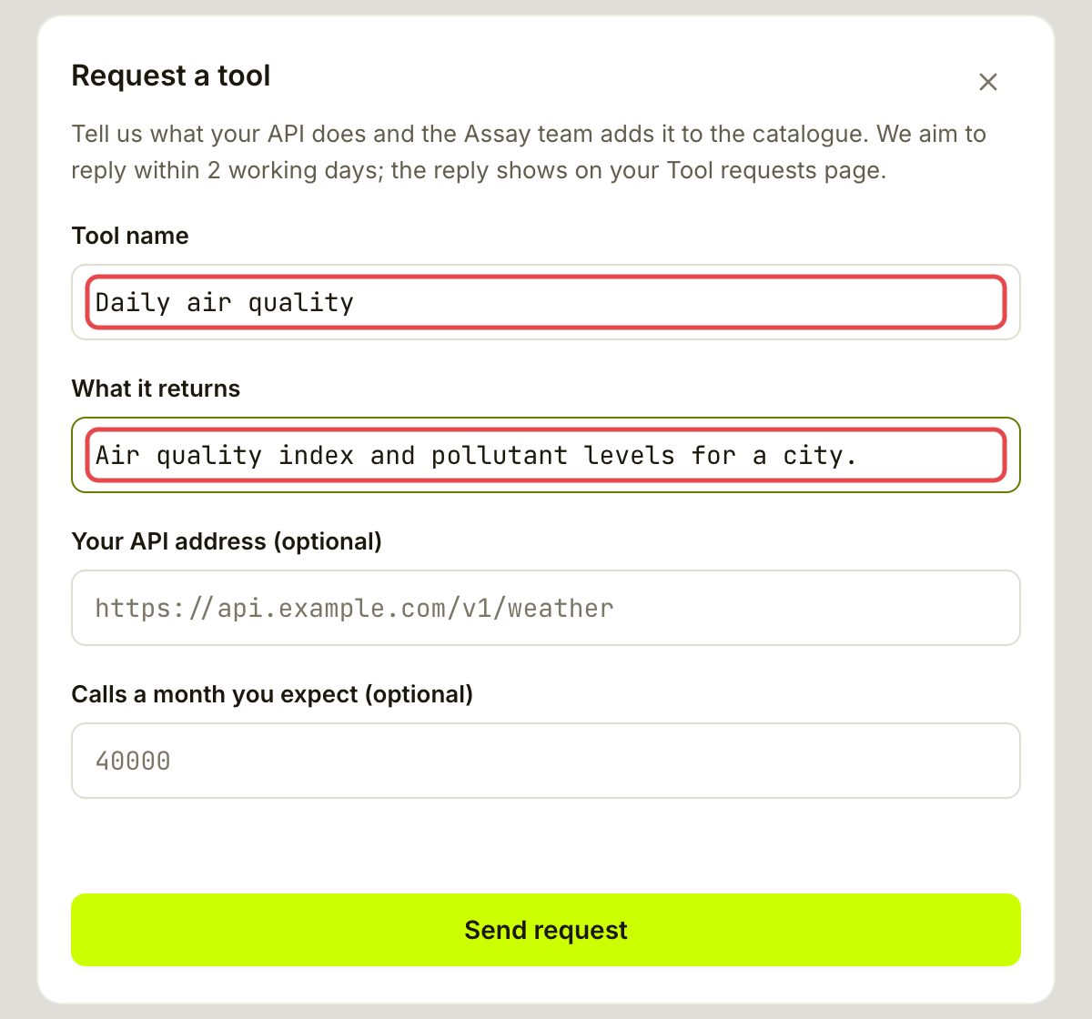 Request a tool 表单，已填写 Daily air quality 和答案描述